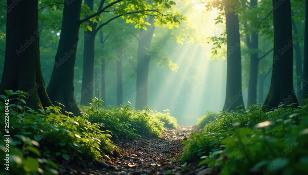 Fototapeta premium Oxygen-rich air fills misty forest atmosphere, foliage, water droplets