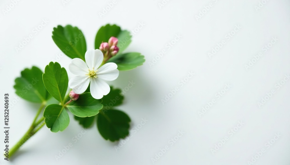 sprig of fresh white clover with tiny pink flowers and leaves, foliage, botanical sprig of fresh white clover with tiny pink flowers and leaves, foliage, botanical