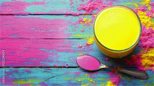 Colorful Indian Holi Festival Concept with Bright Yellow Lassi Drink and Pink Spoon on Vibrant Wooden Background - Perfect for Celebration and Cultural Themes
