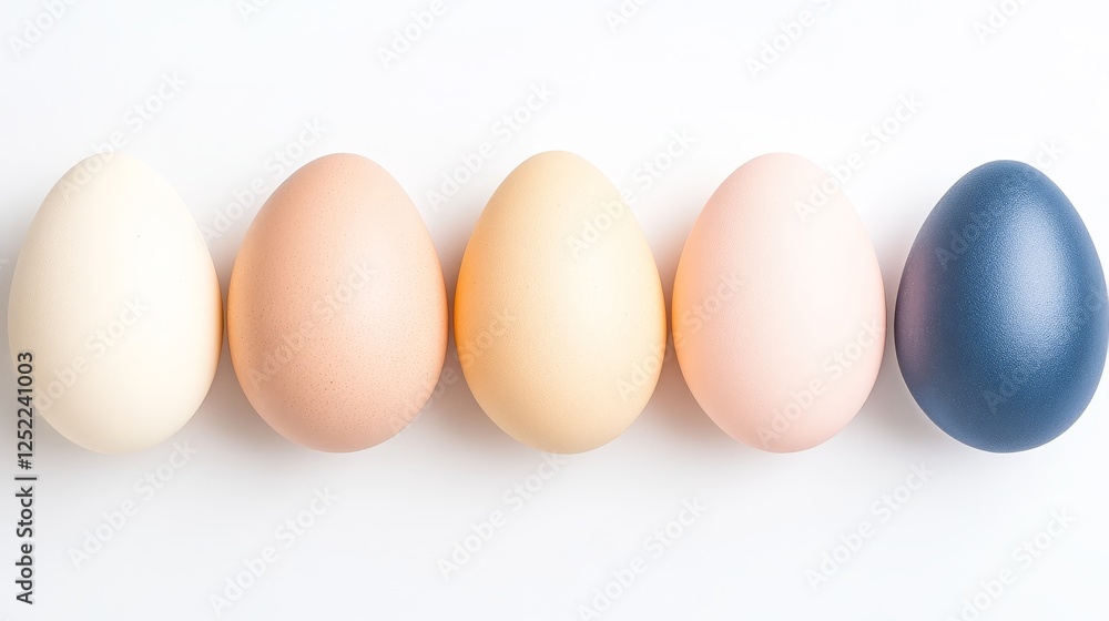 Five Eggs in a Row Different Colors Still Life Composition on a White Surface Simple Layout. Five Eggs in a Row Different Colors Still Life Composition on a White Surface Simple Layout.