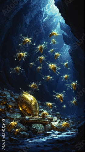 Mysterious Underground Cave with Glowing Golden Fireflies and Ancient Treasure Coins in Enchanting Blue Light - Fantasy Adventure Art Illustration