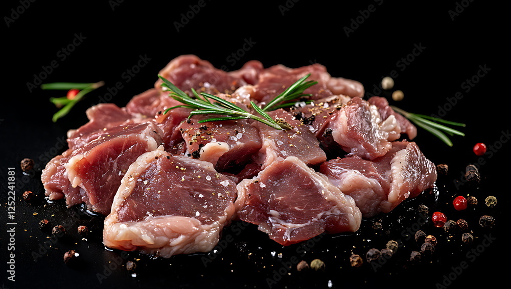 A variety of fresh meat cuts arranged on a table A variety of fresh meat cuts arranged on a table