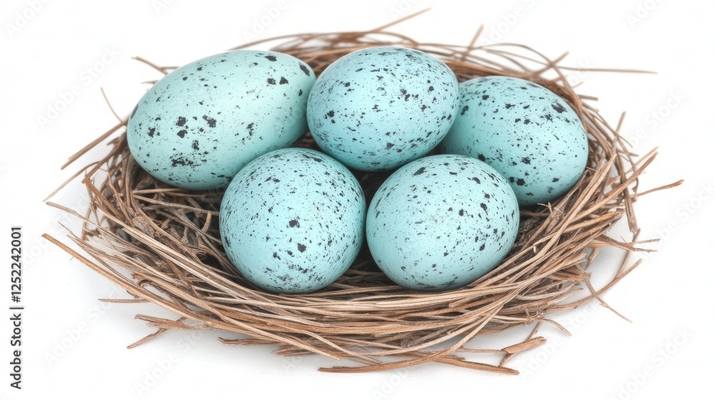 Five Speckled Blue Bird Eggs in a Brown Woven Nest on a White Background Still Life. Five Speckled Blue Bird Eggs in a Brown Woven Nest on a White Background Still Life.
