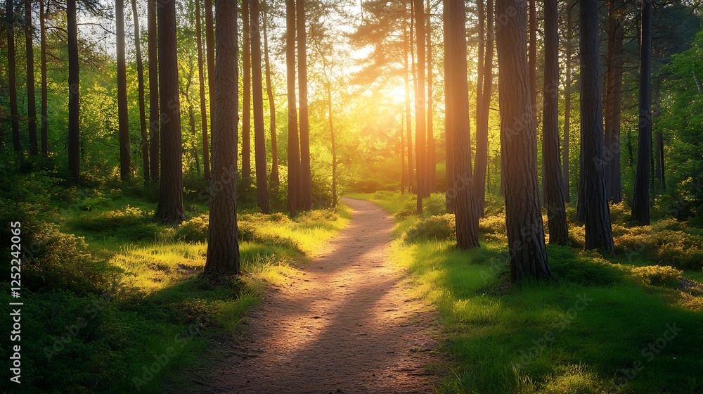 Fototapeta premium Sunset path through a lush green forest of tall trees