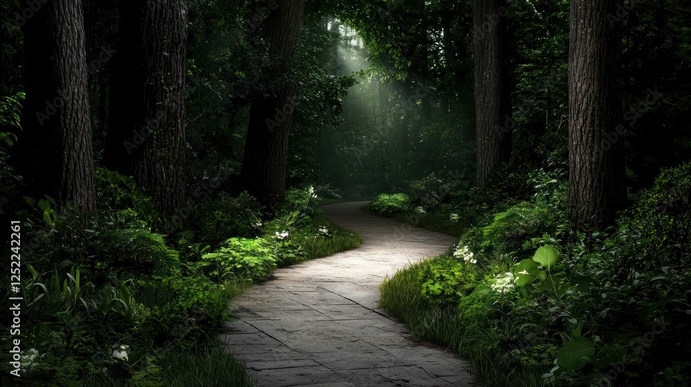 Naklejka premium Serene forest path, sunlight, lush greenery, mystery, nature escape