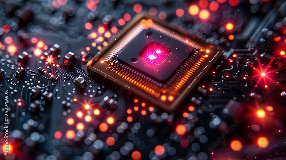 Obraz premium Close-Up Of Computer Microchip On Circuit Board With Red Lights, Technology Background