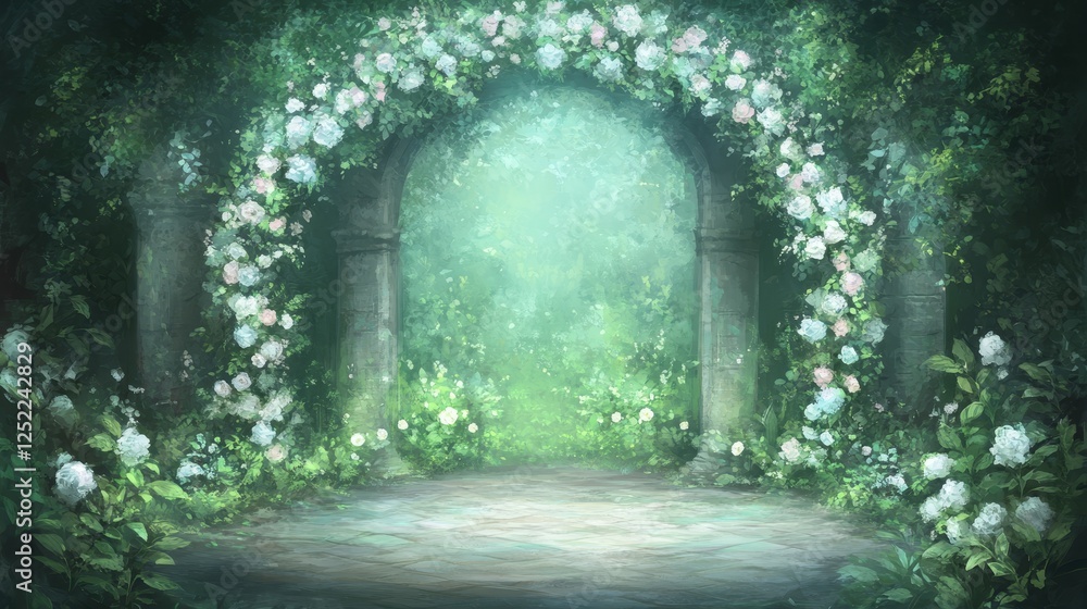 Obraz premium Floral Archway Path Into Forest Glade Peaceful Serene Secret Garden Fantasy Illustration.