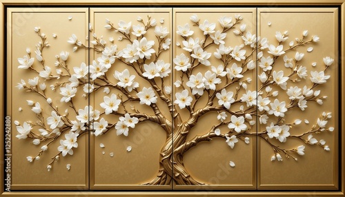 elegant 3d golden floral tree with white blossoms and branches in four panels, perfect for decorative purposes, 3d wallpaper for living room walls, and interior design.