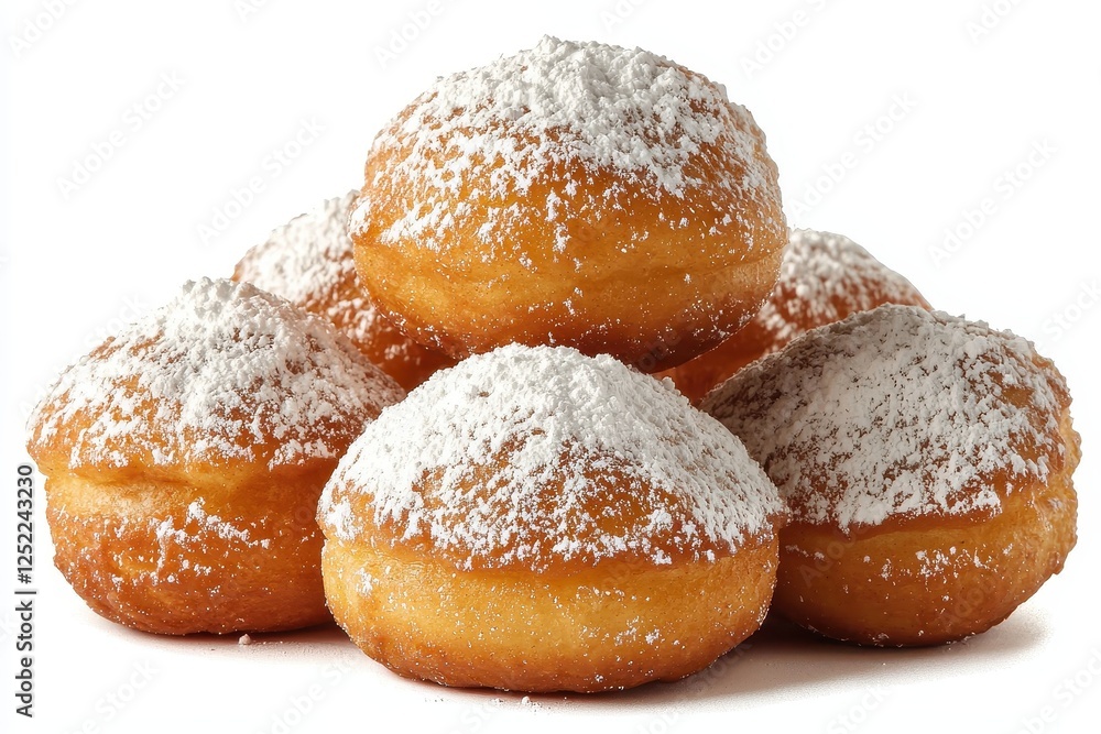 Delicious Powdered Sugar Doughnuts Stacked on a Simple Background Delicious Powdered Sugar Doughnuts Stacked on a Simple Background