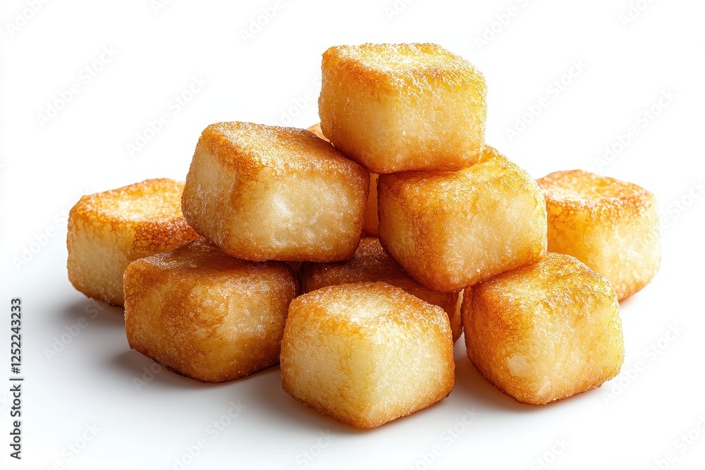 Delicious Golden Brown Fried Sweet Cubes Stacked on White Surface Delicious Golden Brown Fried Sweet Cubes Stacked on White Surface