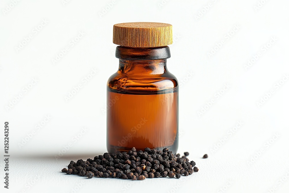 Amber Glass Bottle with Wooden Cap and Black Seeds on White Surface Amber Glass Bottle with Wooden Cap and Black Seeds on White Surface