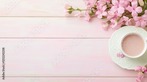 Floral Arrangement with Cup of Pink Drink on Wooden Tabletop for Relaxing Spring Day. photo