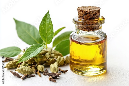 Aromatic Ingredients with Cardamom Oil in Decorative Bottle and Green Leaves
