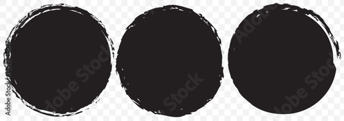 Grunge circles brush set. Black circle frames. Round line of black paint. Grunge round shapes. Circular ink brush stroke for design elements. Vector illustration. Eps 10.