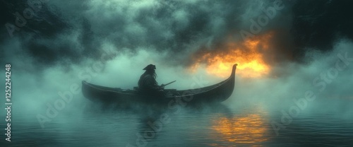 Silhouette Of Man In Rowboat On A Foggy Water With Firey Sky photo