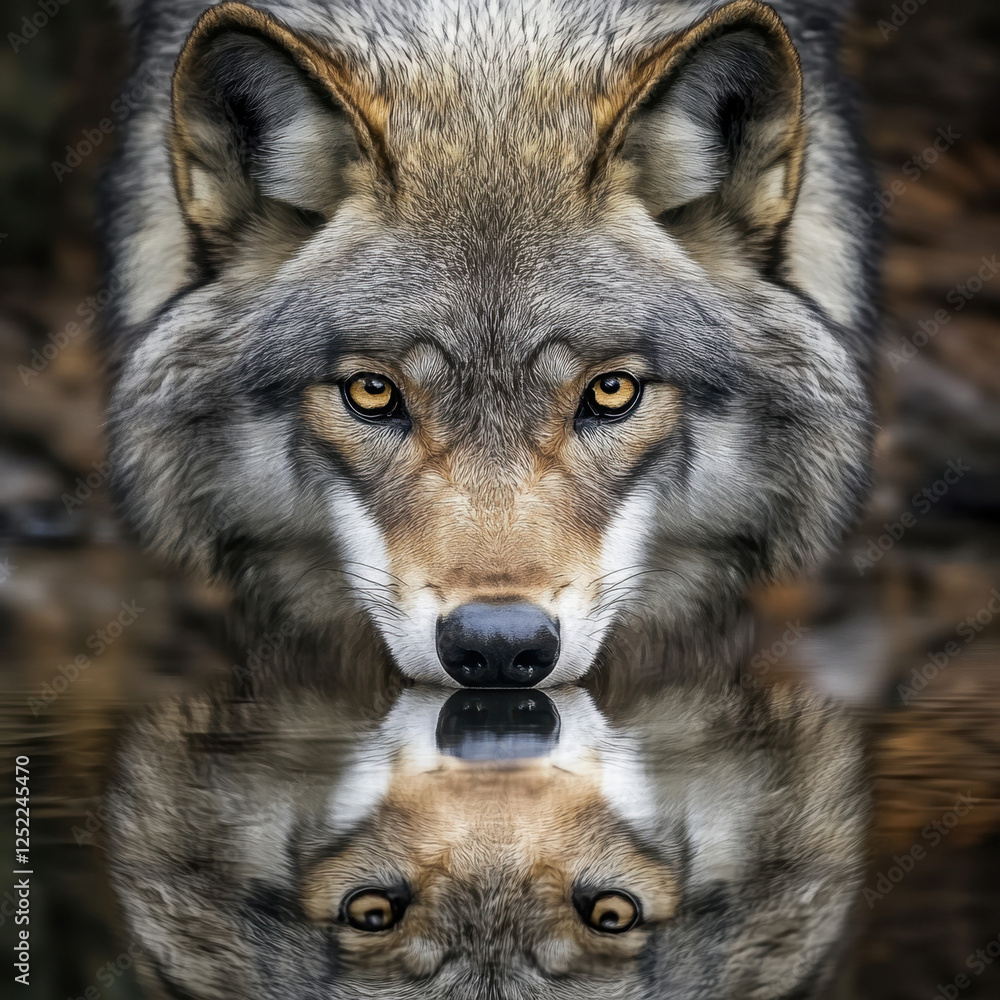 Fototapeta premium Majestic Wolf Gazes at Its Reflection in a Tranquil Pool