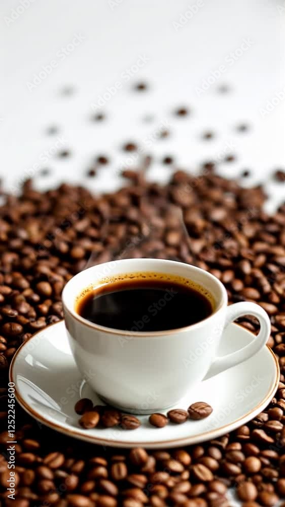 Freshly Brewed Coffee in a White Cup Surrounded by Coffee Beans and Steam on a White Surface Freshly Brewed Coffee in a White Cup Surrounded by Coffee Beans and Steam on a White Surface