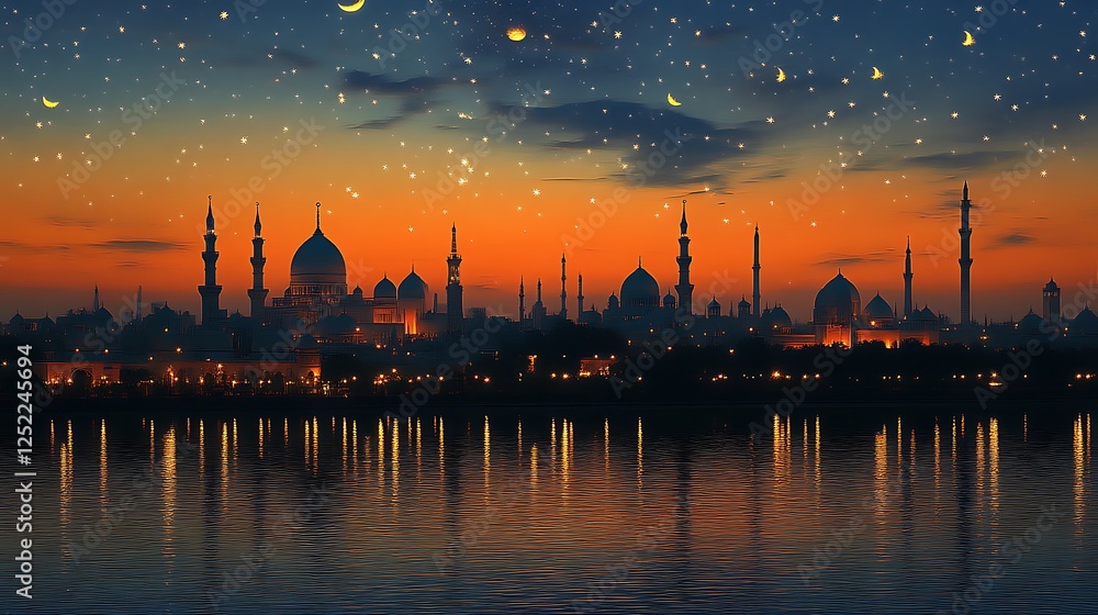 Fototapeta premium Sunset Silhouette Cityscape Mosques Starry Night