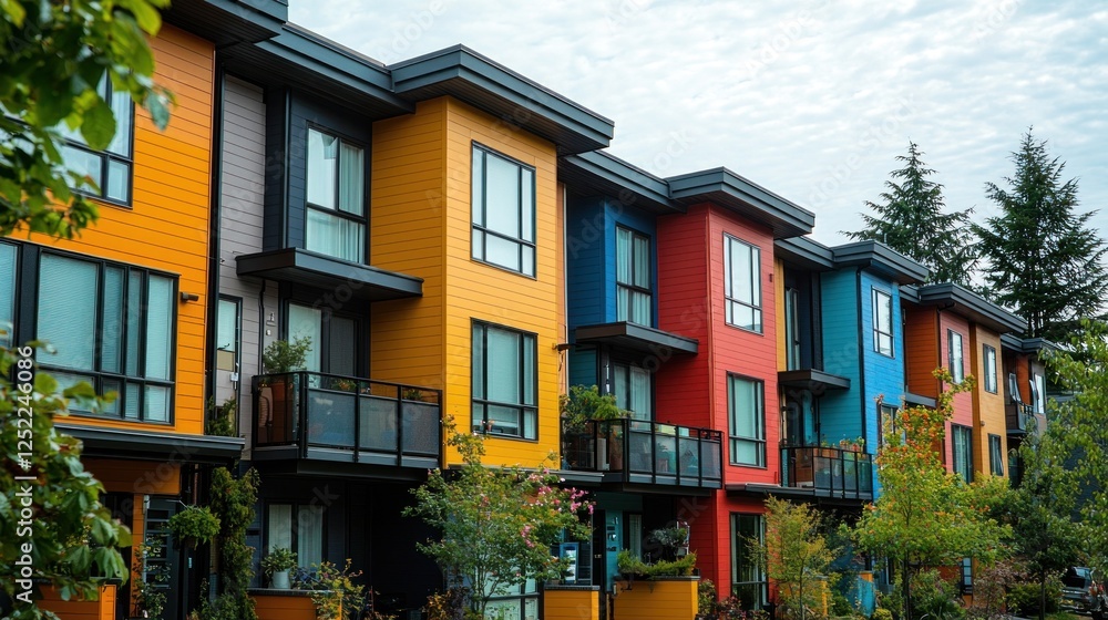 Fototapeta premium Colorful Modern Apartment Building with Green Trees and Sky