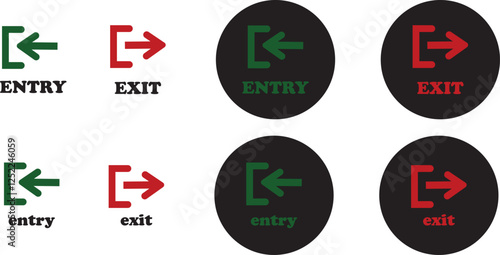 Enter and exit icon set. Entry and out sign black flat and line vector collection isolated on transparent background. Red and green sign with arrow symbol. Login logout register password vip entrance