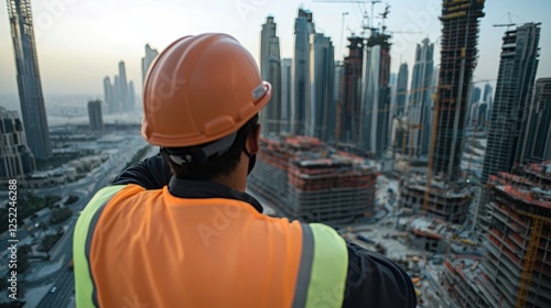 Construction worker overseeing urban development in a bustling city skyline at sunset