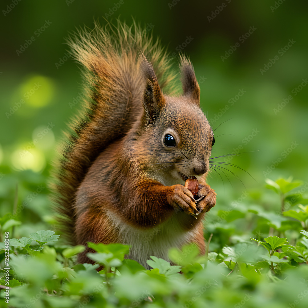 Cute red squirrel, Sciurus vulgaris, eating a nut in a green spring forest with copy space. Lovely wild animal with long ears and fluffy tail feeding in ... Cute red squirrel, Sciurus vulgaris, eating a nut in a green spring forest with copy space. Lovely wild animal with long ears and fluffy tail feeding in ...