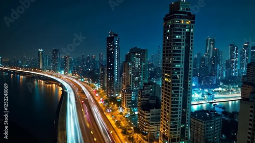 Wallpaper Mural Aerial view of a cityscape with a highway and expressway at night, near a river. Wide-angle photograph. The scene shows the modern skyscrapers  Torontodigital.ca