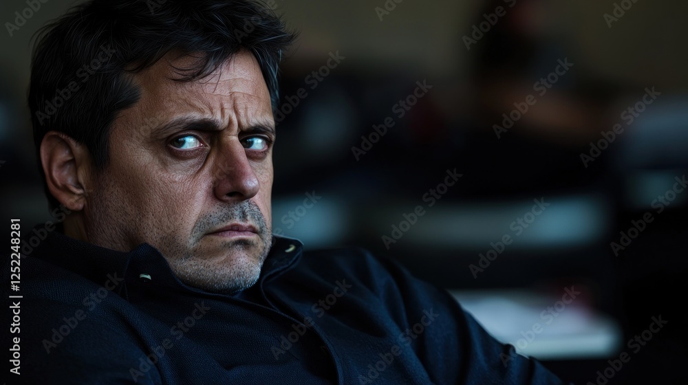 Intense close-up of a man with a serious expression in a blurred social setting Intense close-up of a man with a serious expression in a blurred social setting