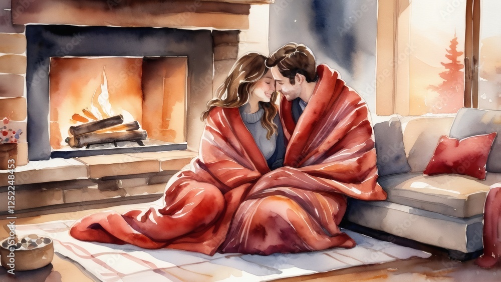 Fototapeta premium Warm Embrace by the Fireplace – Cozy Watercolor Painting of a Romantic Couple Wrapped in a Blanket with a Crackling Fire