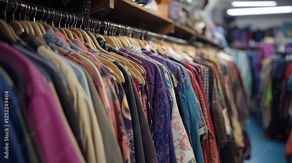 Obraz premium Individuals exploring the racks of a secondhand clothing store, searching for affordable and sustainable fashion options.