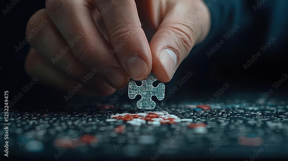 Hand Placing Puzzle Piece On Dark Background Hand Placing Puzzle Piece On Dark Background