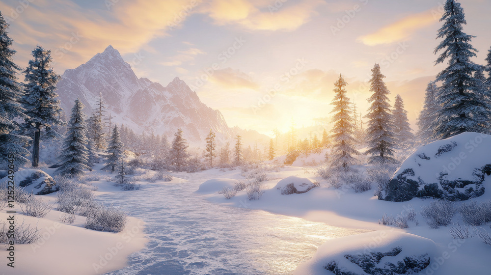 Obraz premium A picturesque frozen wilderness, smooth and untouched snow stretching into the distance, dramatic mountain silhouettes in the background