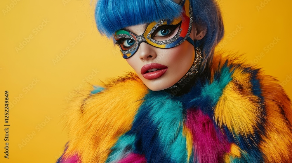 Obraz premium Vibrant Fashion Portrait with Colorful Makeup and Bold Costume Against Yellow Backdrop