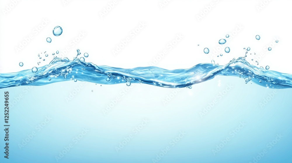 A clear wave of water with bubbles against a white background. A clear wave of water with bubbles against a white background.