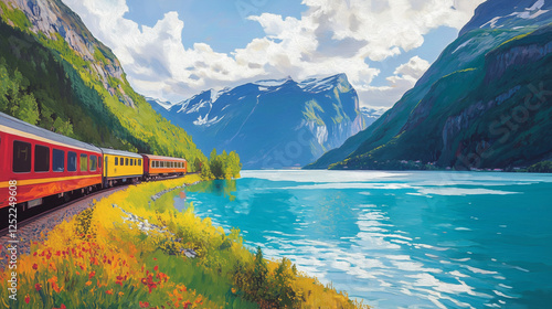 swiss mountain landscape with lake,A train on the fjord, a Norwegian summer landscape with a blue lake and green mountains in the background. The colors are yellow, orange, red, and turquoise
