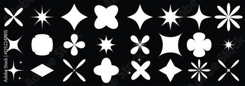 Collection of brutal contemporary figure spiral flower star oval circle and other elements. Abstract minimal geometric elements shapes and grids set. Brutalist design. Y2k style geometric shape. 
