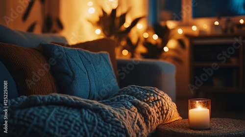 Cozy living room, candlelit evening, warm blanket, home comfort