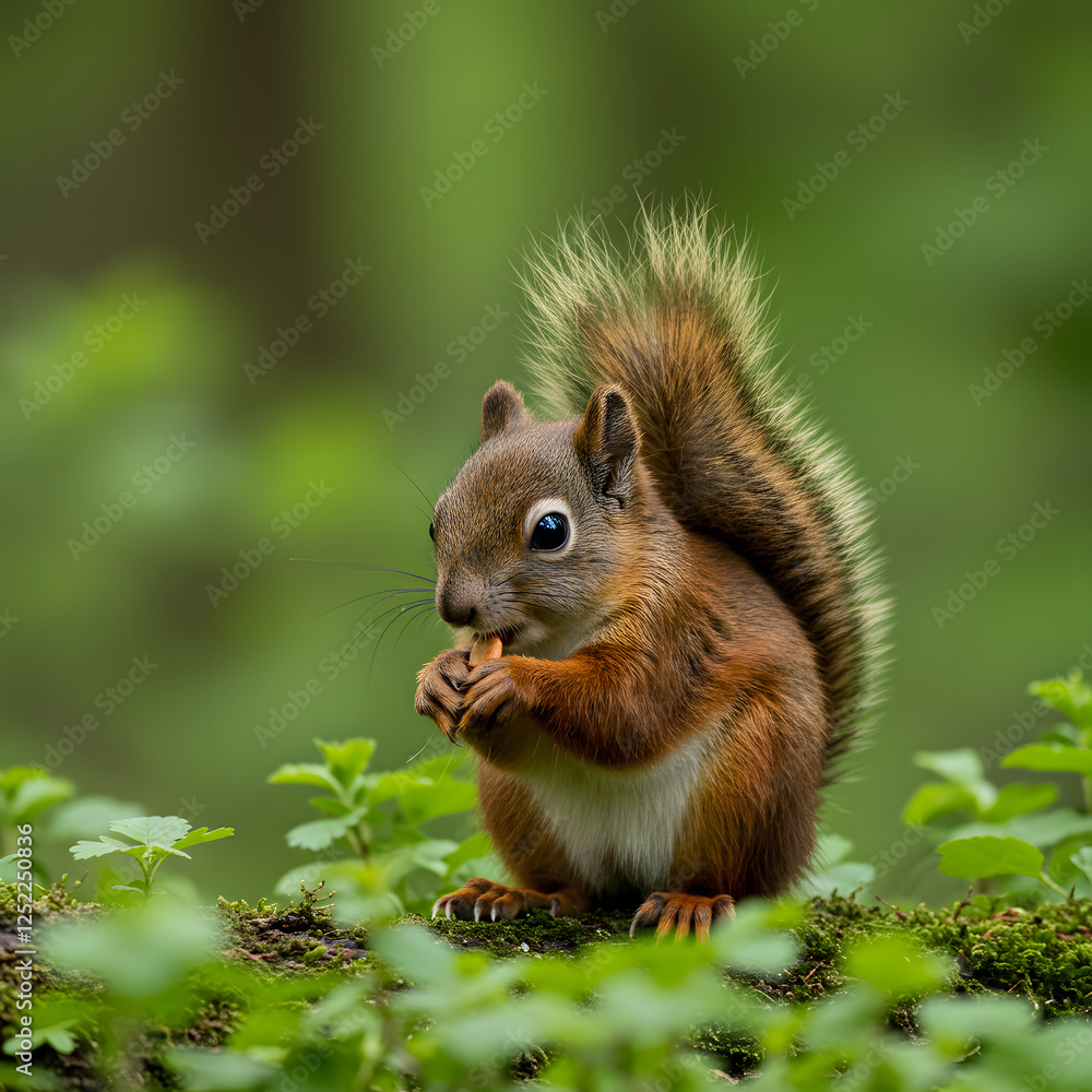 Cute red squirrel, Sciurus vulgaris, eating a nut in a green spring forest with copy space. Lovely wild animal with long ears and fluffy tail feeding in ... Cute red squirrel, Sciurus vulgaris, eating a nut in a green spring forest with copy space. Lovely wild animal with long ears and fluffy tail feeding in ...