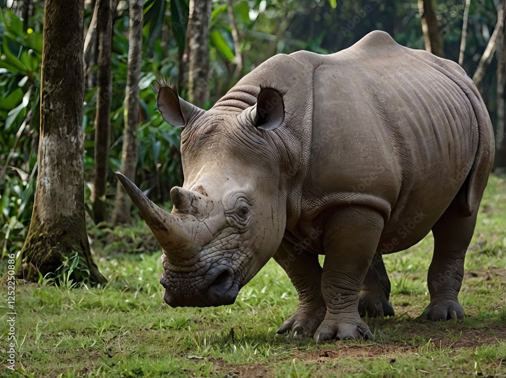 Obraz premium Javan Rhino: One of the rarest rhino species in the world, with fewer than 80 individuals left, found only in Ujung Kulon National Park in Indonesia.