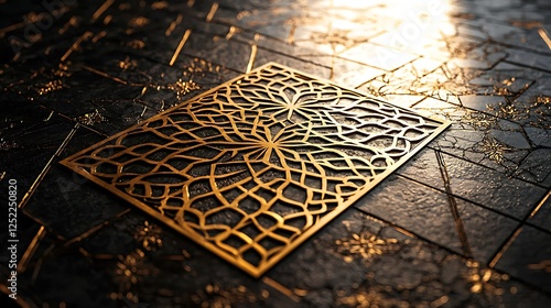 Ornate Gold Panel on Dark Stone Floor photo