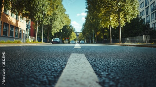 A low-angle view of a quiet street lined with trees and buildings under a clear blue sky. photo