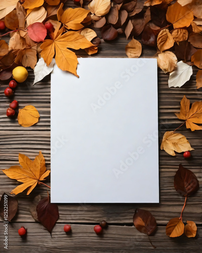 A blank paper sits in the center of fallen leaves decor.