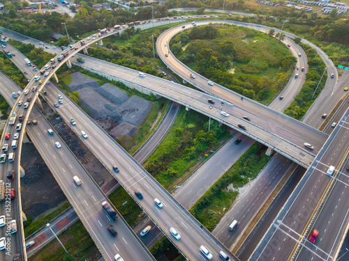 Aerial view city asphalt traffic intersection cross road with car vehicle movement photo