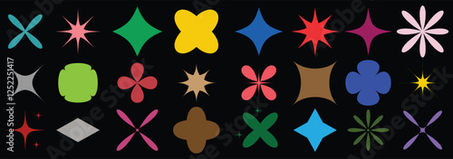 Brutalist abstract geometric shapes and grids. Brutal contemporary figure star oval spiral flower and other primitive elements. Swiss design aesthetic. Bauhaus memphis design.  Y2K retro badges. 