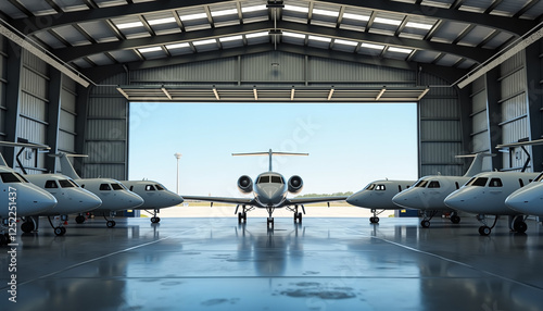 Luxury private jets parked inside a modern airport hangar