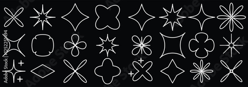 Collection of brutal contemporary figure spiral flower star oval circle and other elements. Abstract minimal geometric elements shapes and grids set. Brutalist design. Y2k style geometric shape. 