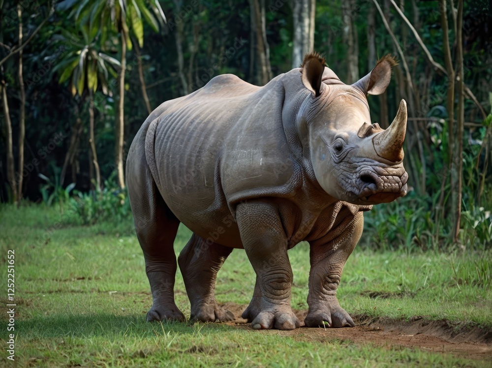 Obraz premium Javan Rhino: One of the rarest rhino species in the world, with fewer than 80 individuals left, found only in Ujung Kulon National Park in Indonesia.