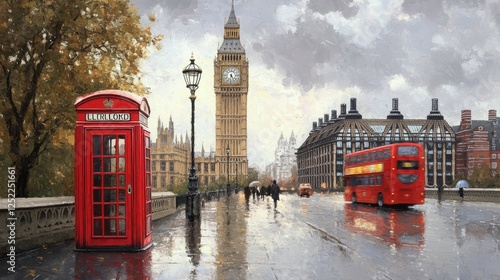 A rainy scene featuring a red telephone booth and a double-decker bus near Big Ben.