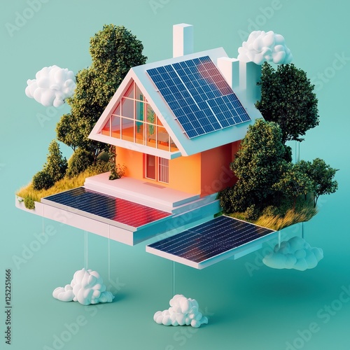 Geometric art a house with solar panels, symbolizing eco-friendly real estate investment.