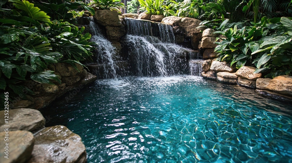 Serene Waterfall Cascading into Clear Pool Surrounded by Lush Greenery